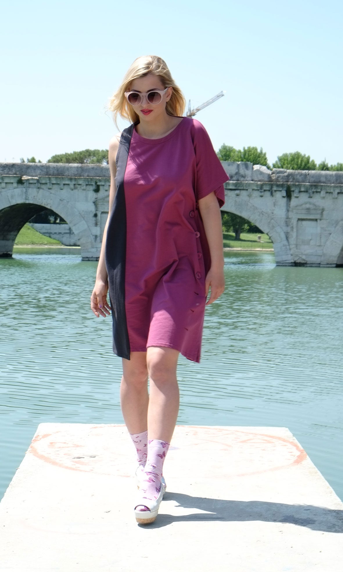 Asymmetric sail dress in brushed cotton fleece