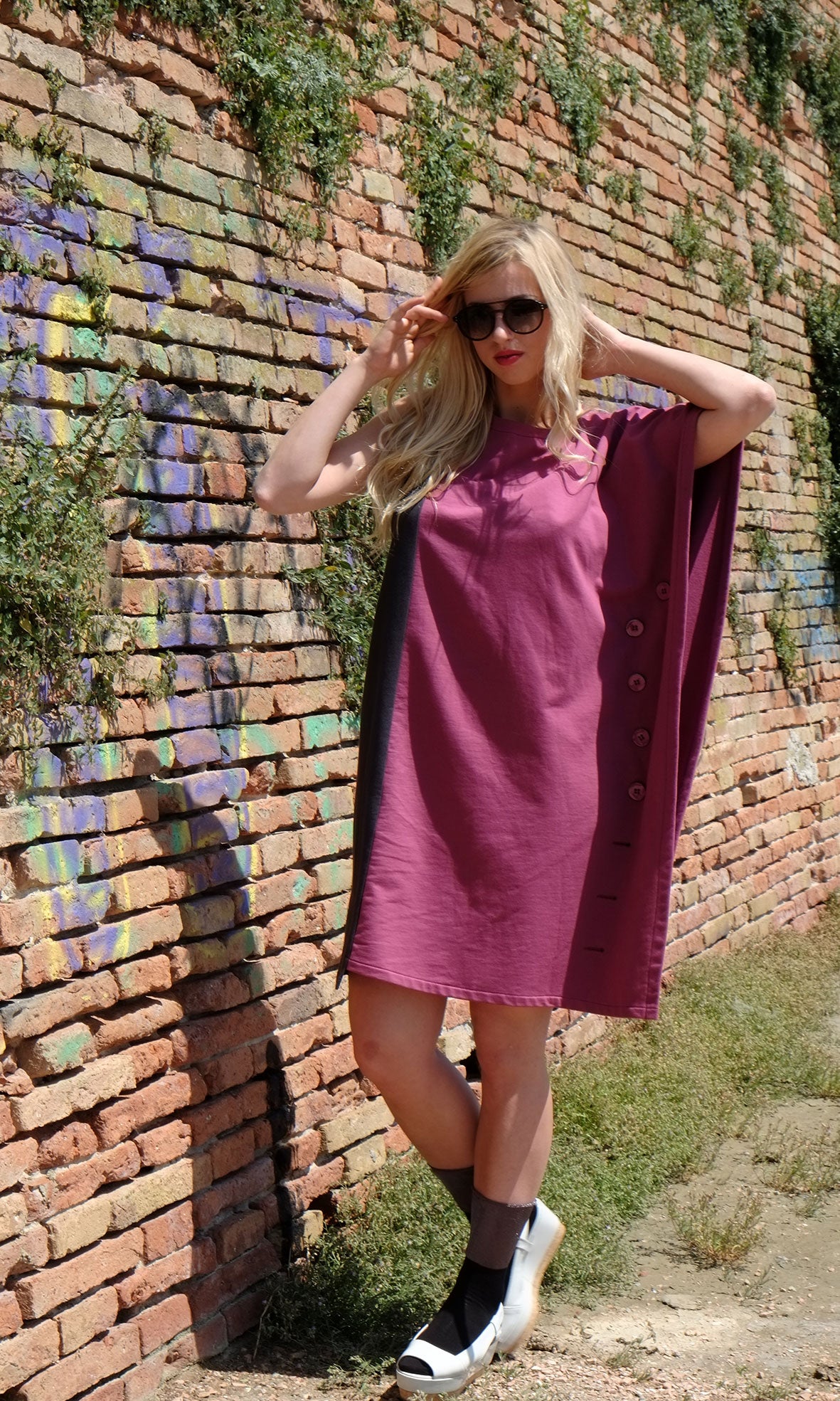 Asymmetric sail dress in brushed cotton fleece